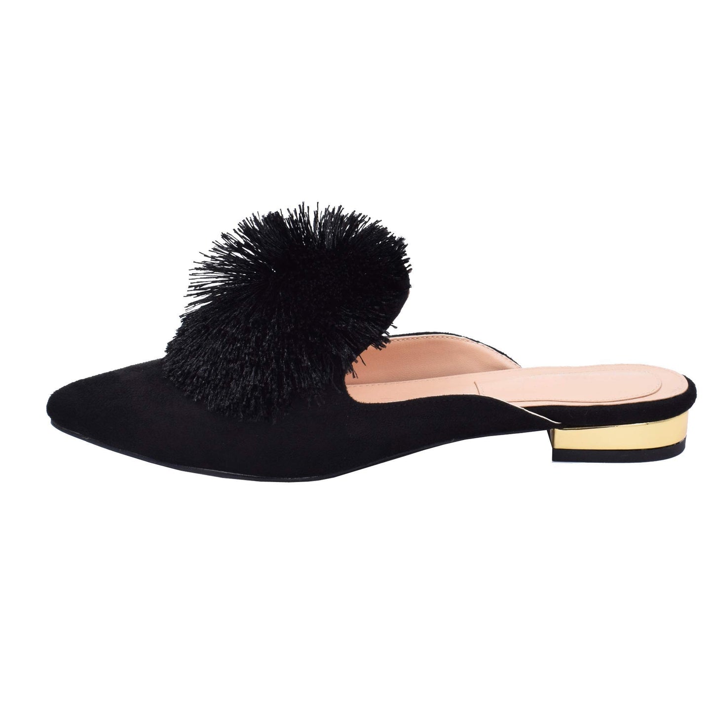 Fericzot Slip On Mule Backless Loafers Flats Puff PomPom Pointed Toe Casual Shoes Slippers