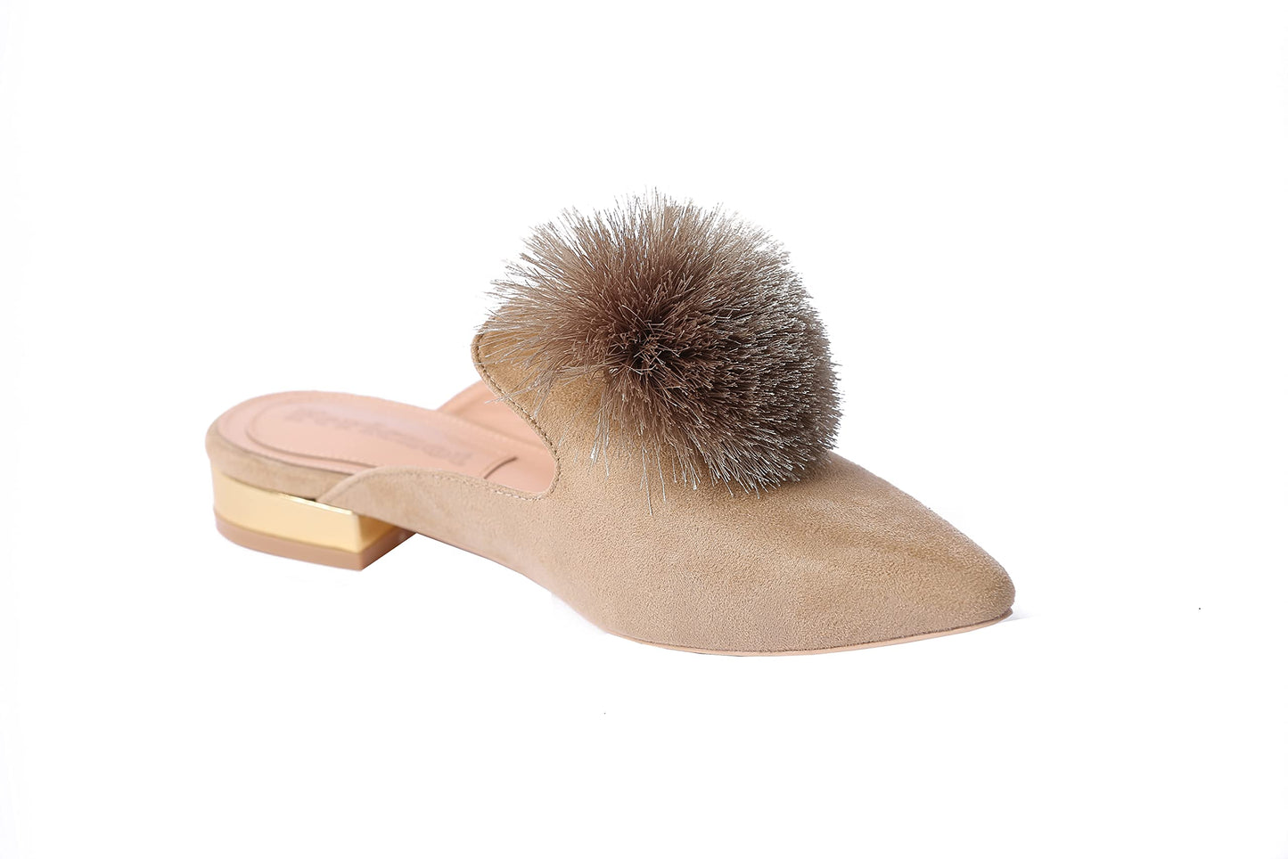 Fericzot Slip On Mule Backless Loafers Flats Puff PomPom Pointed Toe Casual Shoes Slippers