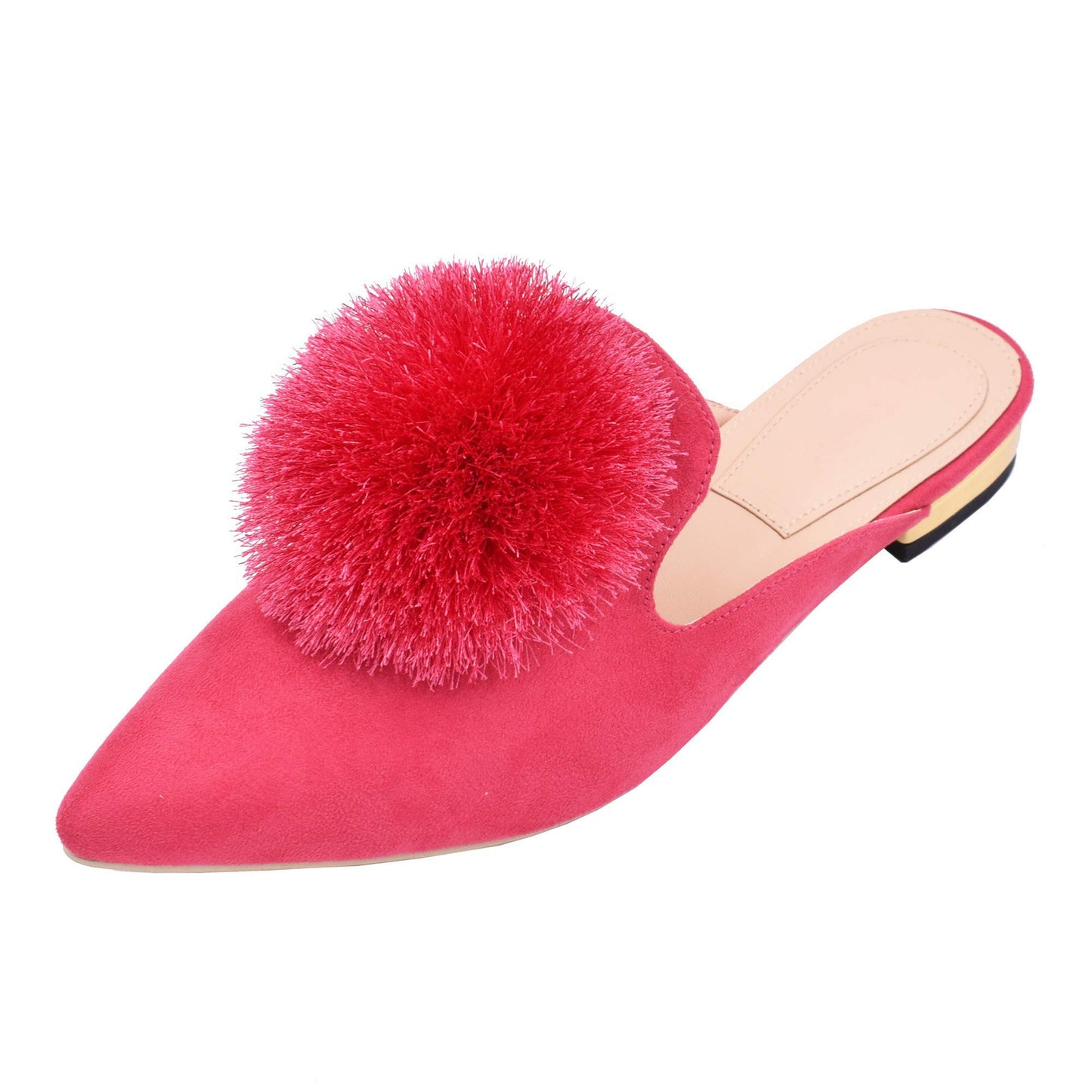 Fericzot Slip On Mule Backless Loafers Flats Puff PomPom Pointed Toe Casual Shoes Slippers