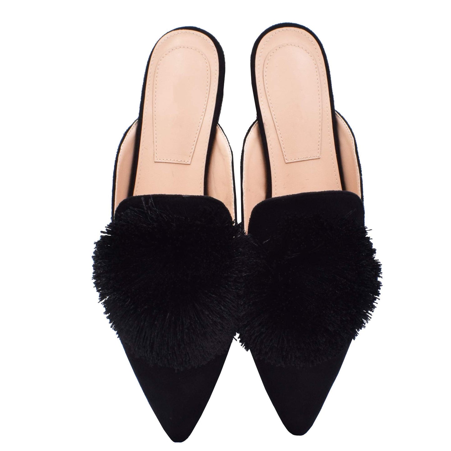 Fericzot Slip On Mule Backless Loafers Flats Puff PomPom Pointed Toe Casual Shoes Slippers