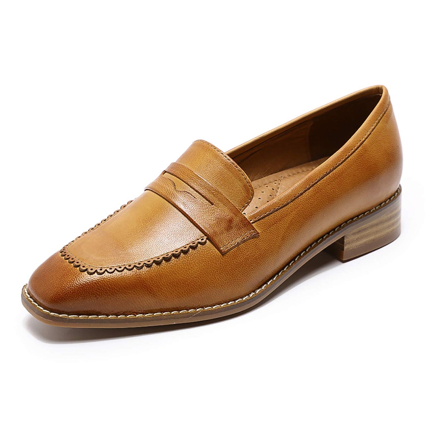 Mona flying Women's Top Leather Square Toe Penny Loafer Dress Casual Slip on Flat Office Work Shoes for Ladies