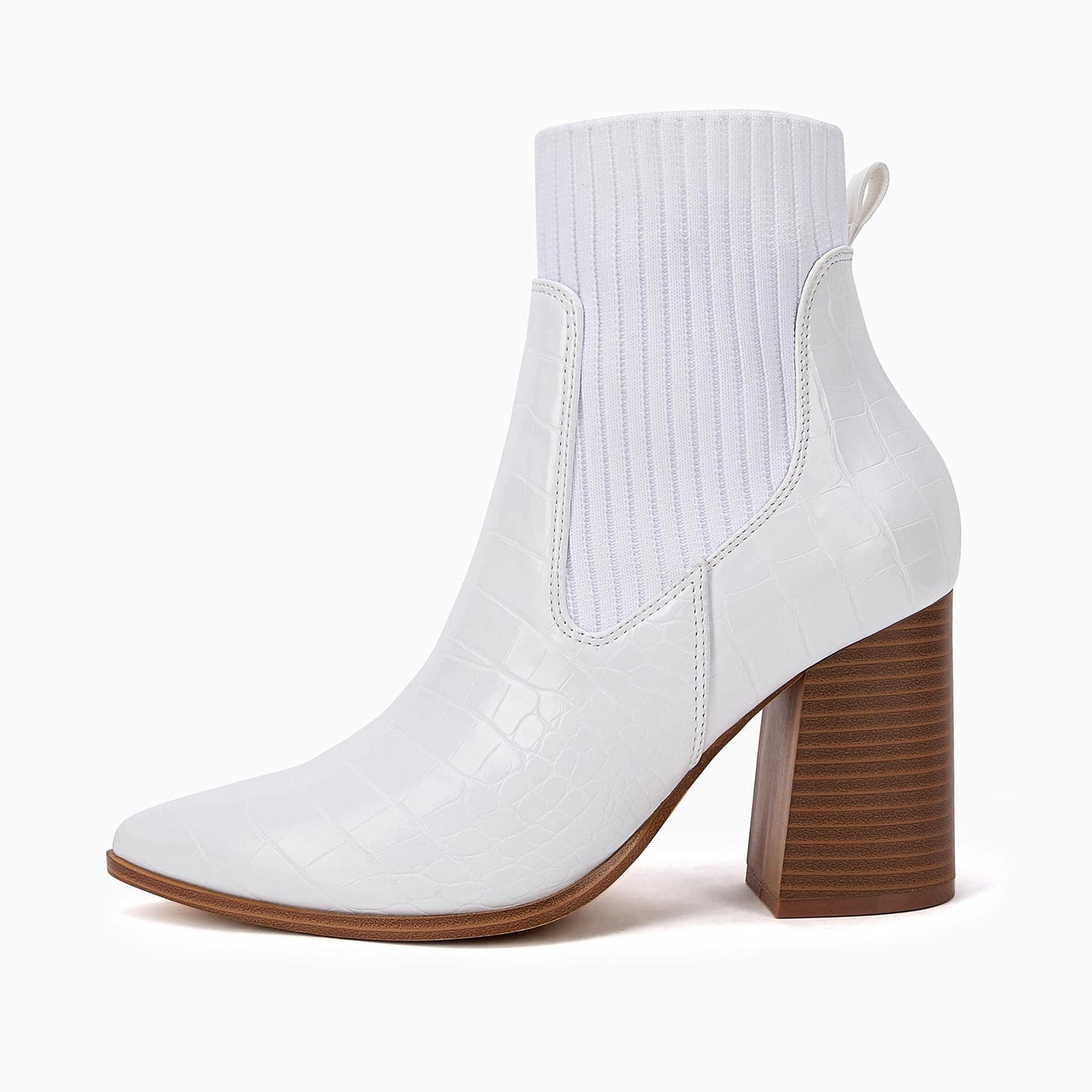 Coutgo Women Pointed Toe Ankle Boots Knit Sock Boot Chunky Block Stacked Mid Heel Comfortable Chelsea Booties Shoes