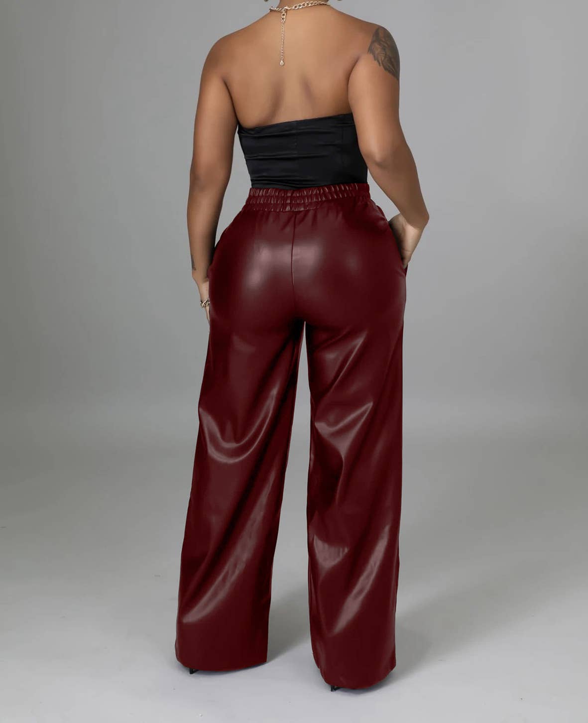 HIDDENBRAND - Elastic waist leather wide leg pant with pocket: Burgundy / S
