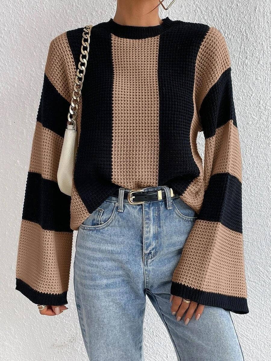 HIDDENBRAND - Crewneck Striped Niche Sweater: Apricot / L