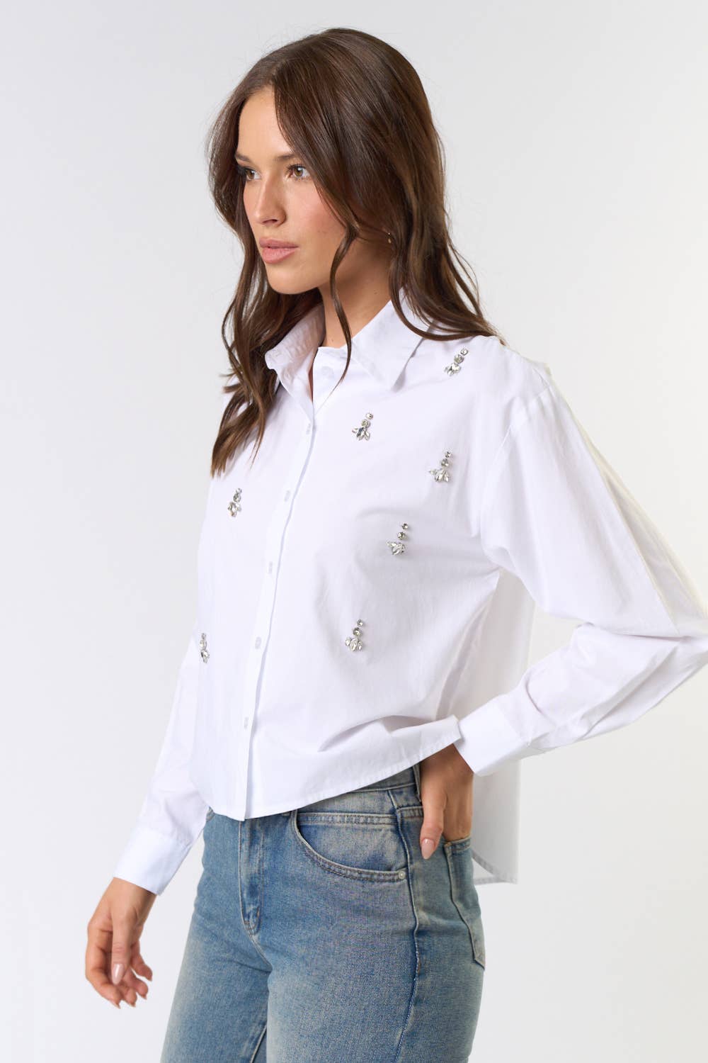Lalavon - ILT4441 JEWEL FLOWER COLLARED HIGH LOW SHIRT