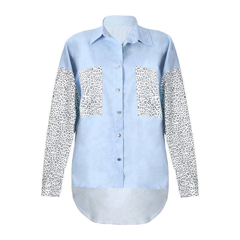 HIDDENBRAND - Pocket Leopard Print Roll-Neck Shirt: Sky Blue / S