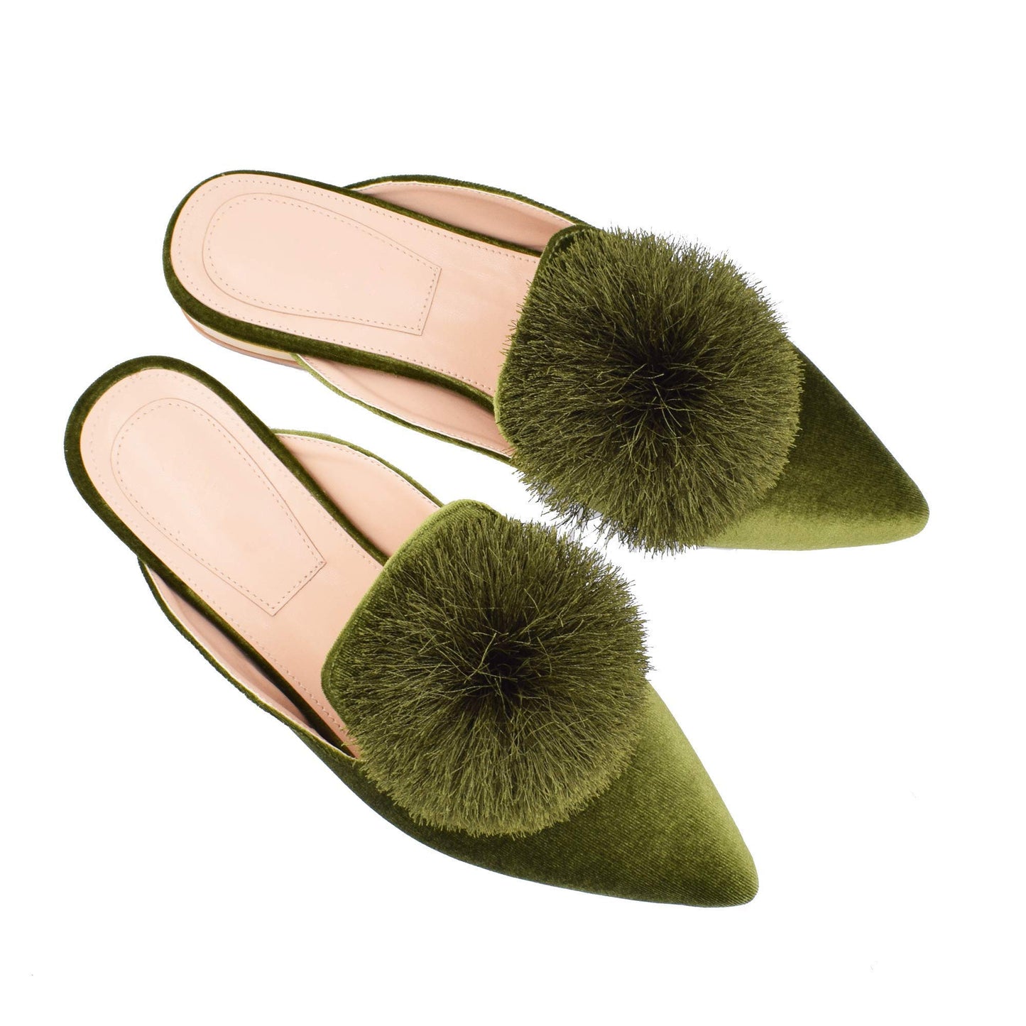 Fericzot Slip On Mule Backless Loafers Flats Puff PomPom Pointed Toe Casual Shoes Slippers