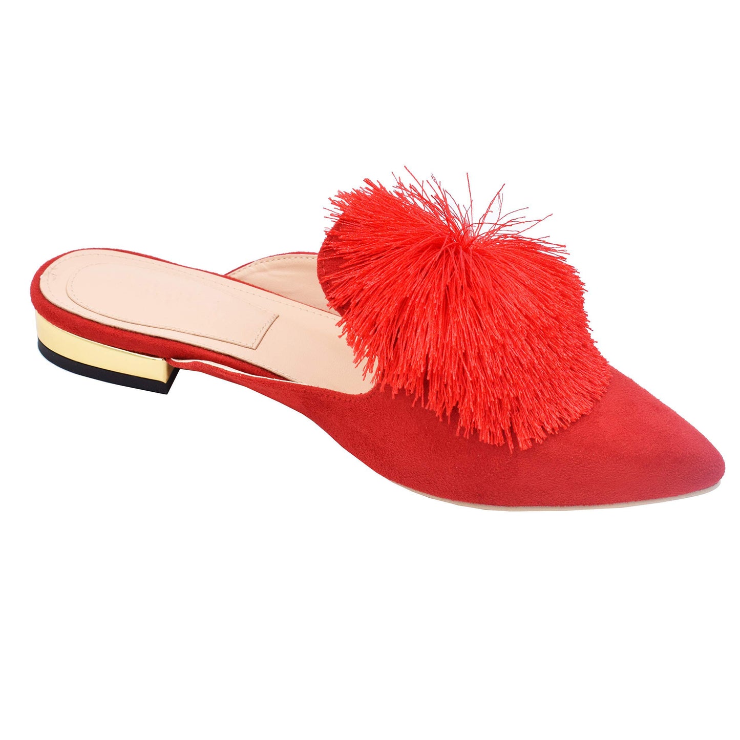 Fericzot Slip On Mule Backless Loafers Flats Puff PomPom Pointed Toe Casual Shoes Slippers