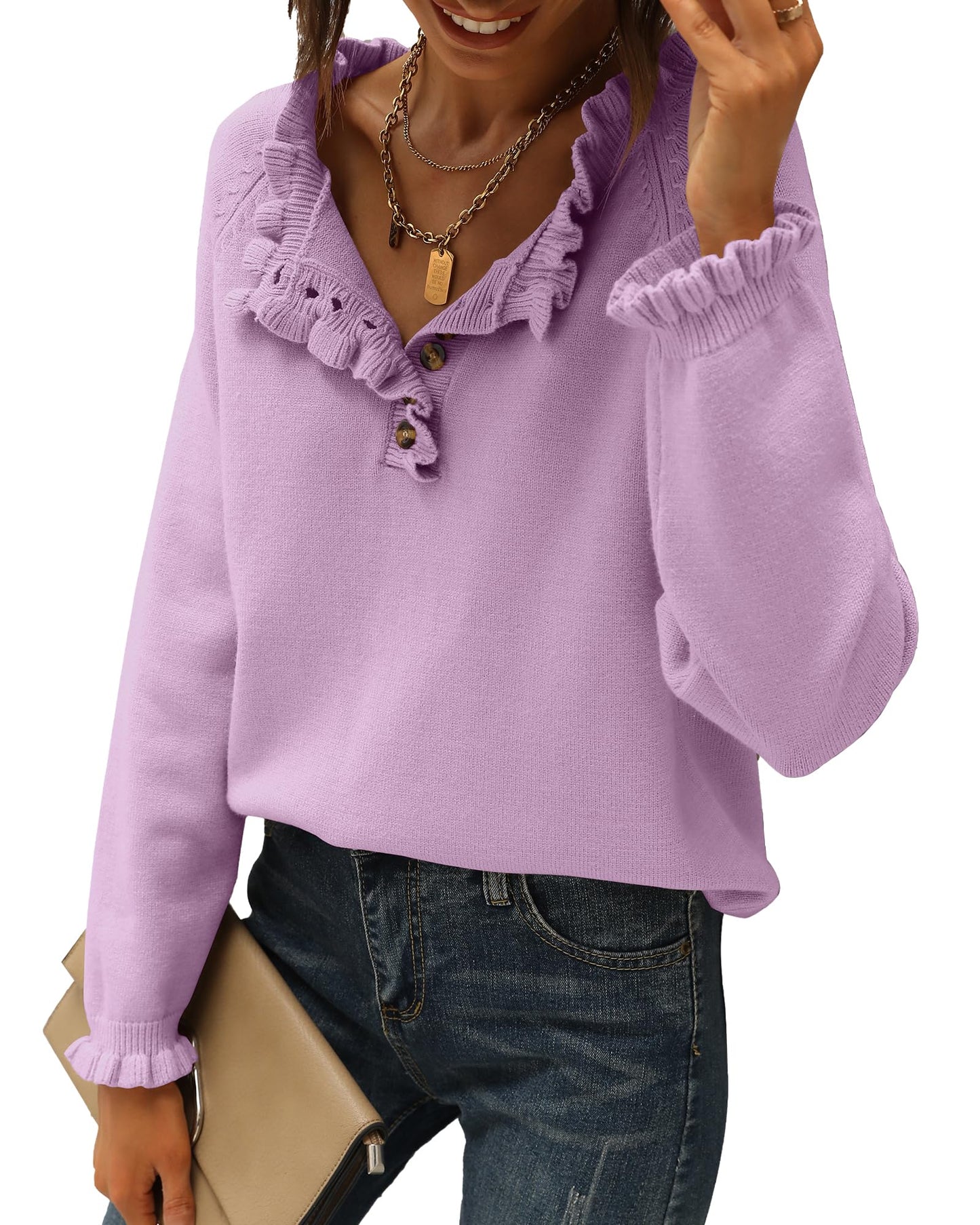BTFBM 2024 Womens Sweaters Fall Winter Outfits Long Sleeve Button Down Ruffle Crew Neck Casual Knitted Pullover Tops