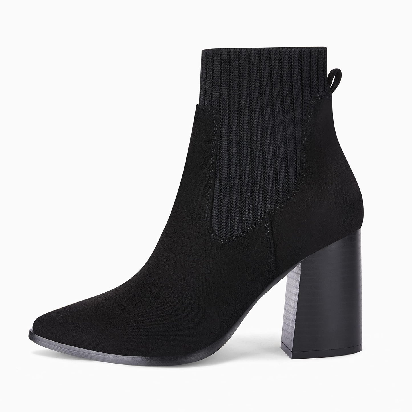 Coutgo Women Pointed Toe Ankle Boots Knit Sock Boot Chunky Block Stacked Mid Heel Comfortable Chelsea Booties Shoes