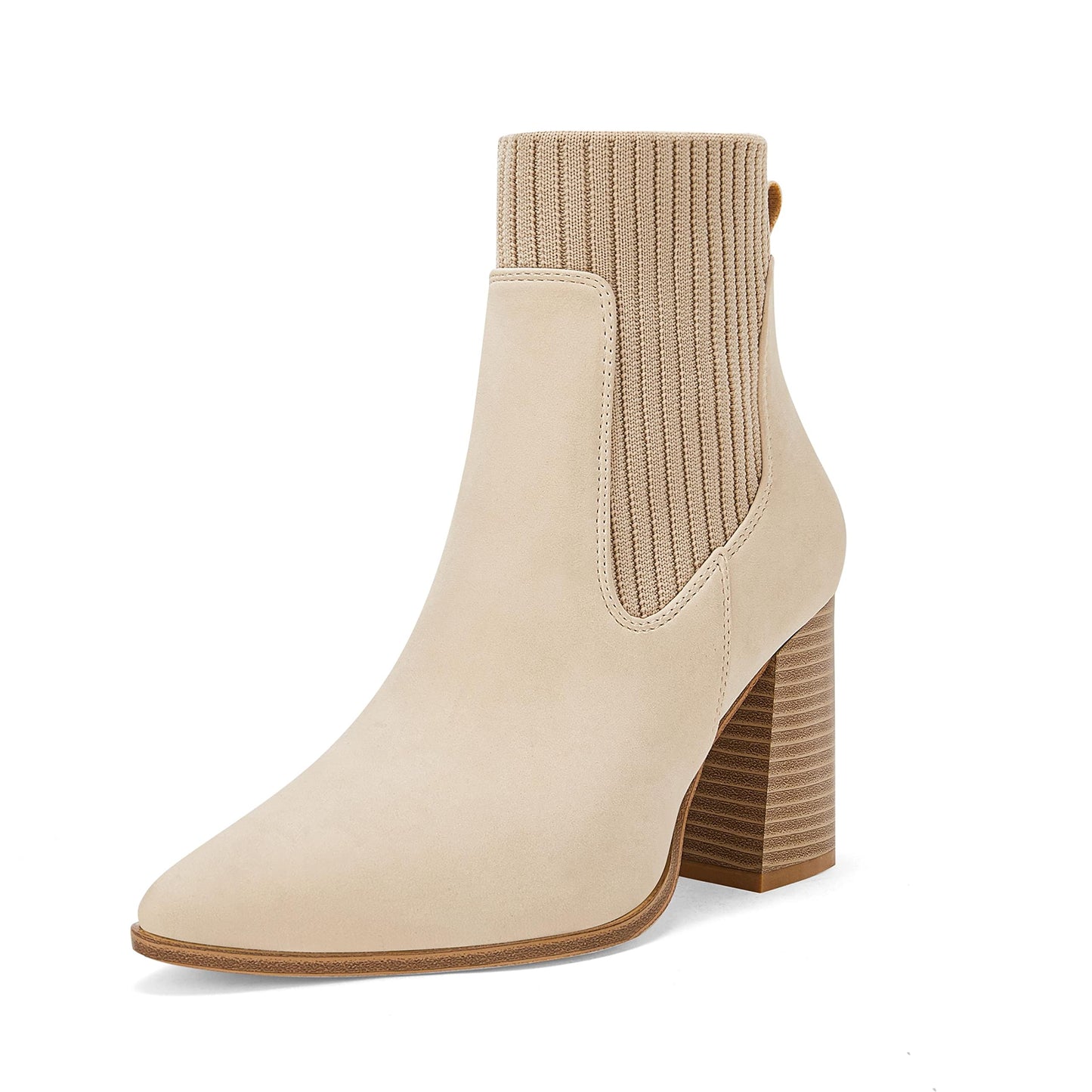 Coutgo Women Pointed Toe Ankle Boots Knit Sock Boot Chunky Block Stacked Mid Heel Comfortable Chelsea Booties Shoes