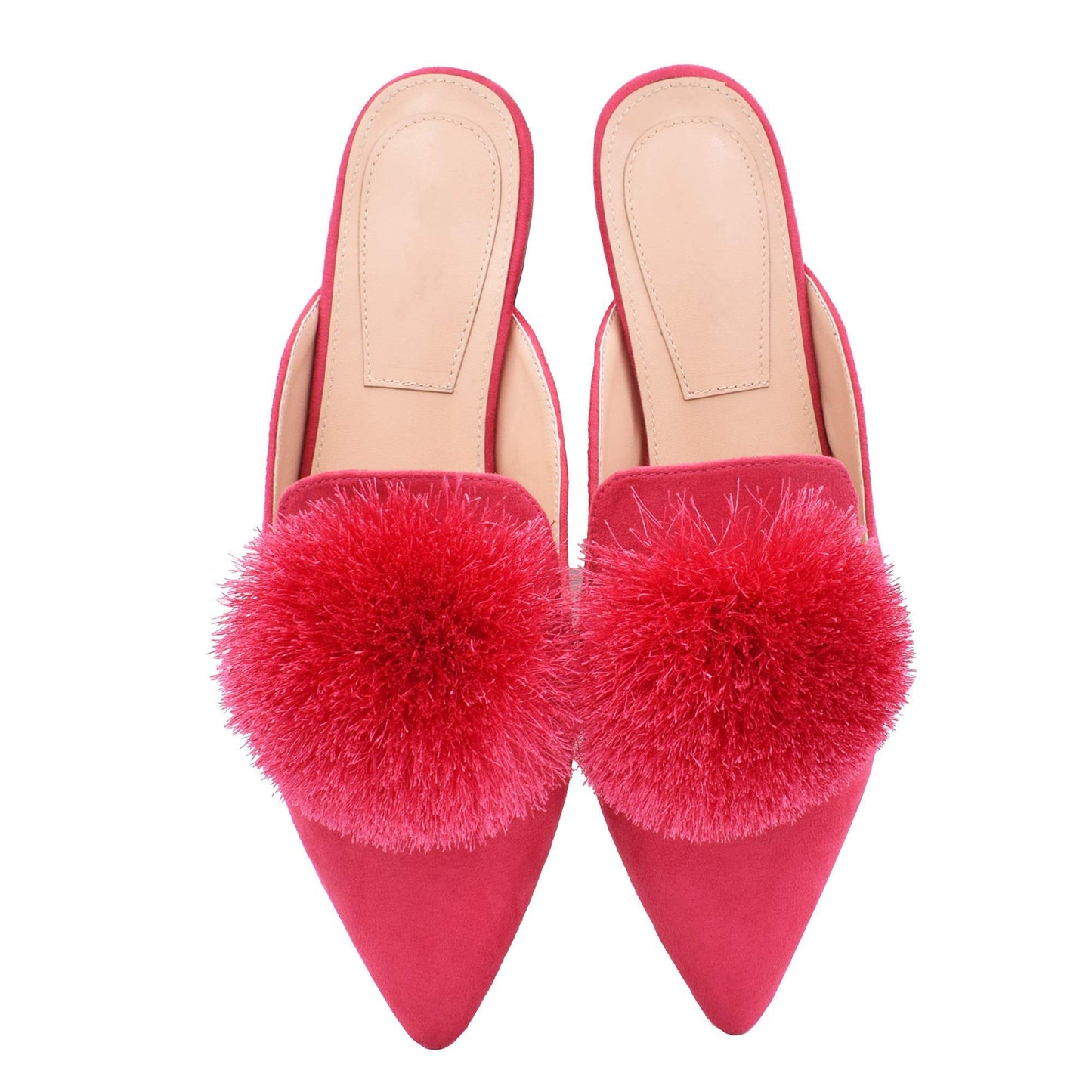 Fericzot Slip On Mule Backless Loafers Flats Puff PomPom Pointed Toe Casual Shoes Slippers