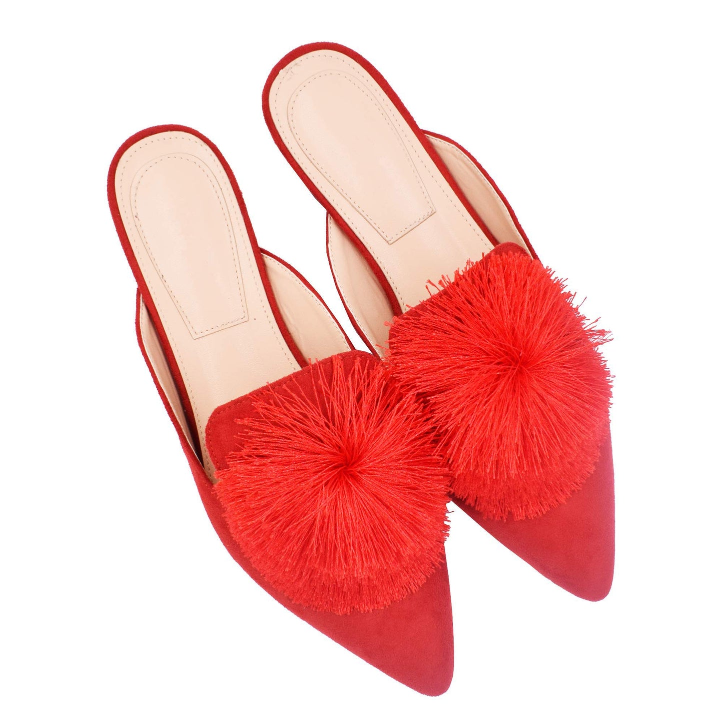Fericzot Slip On Mule Backless Loafers Flats Puff PomPom Pointed Toe Casual Shoes Slippers