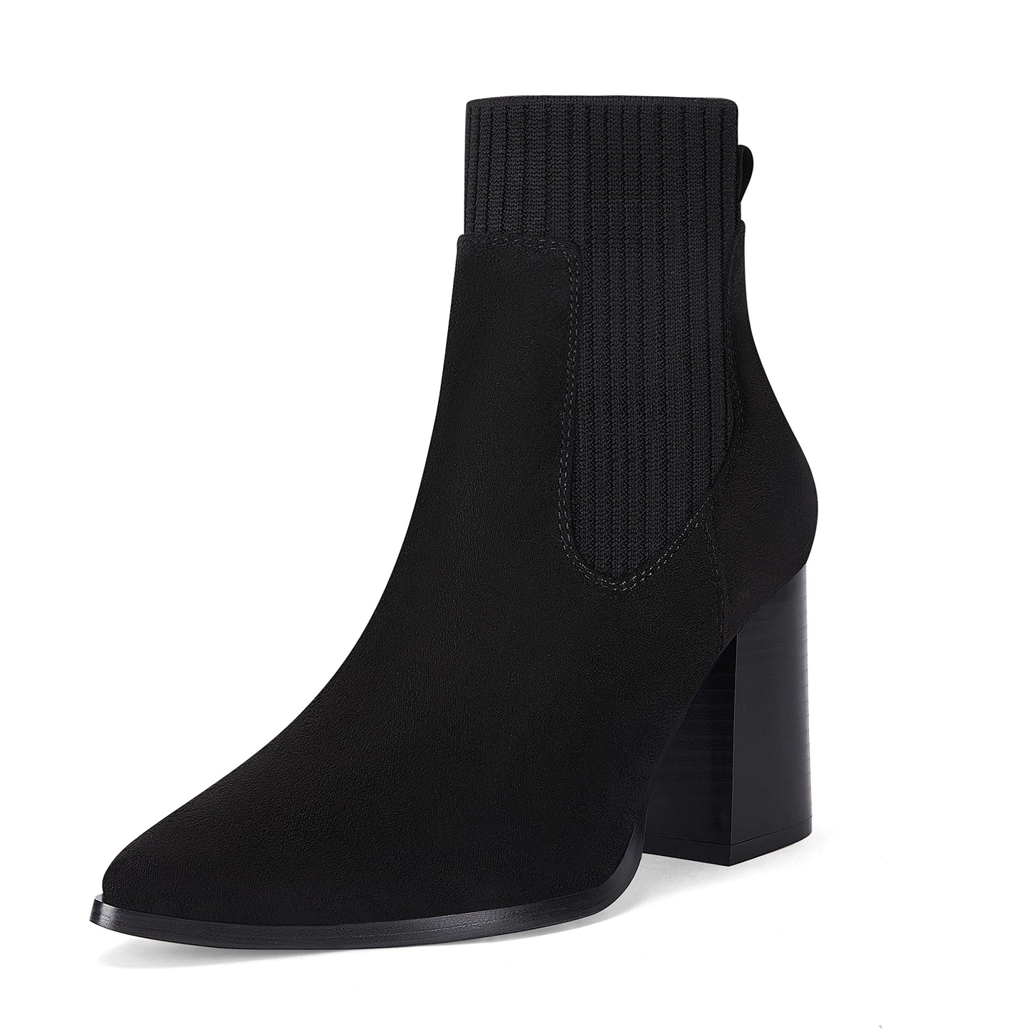 Coutgo Women Pointed Toe Ankle Boots Knit Sock Boot Chunky Block Stacked Mid Heel Comfortable Chelsea Booties Shoes