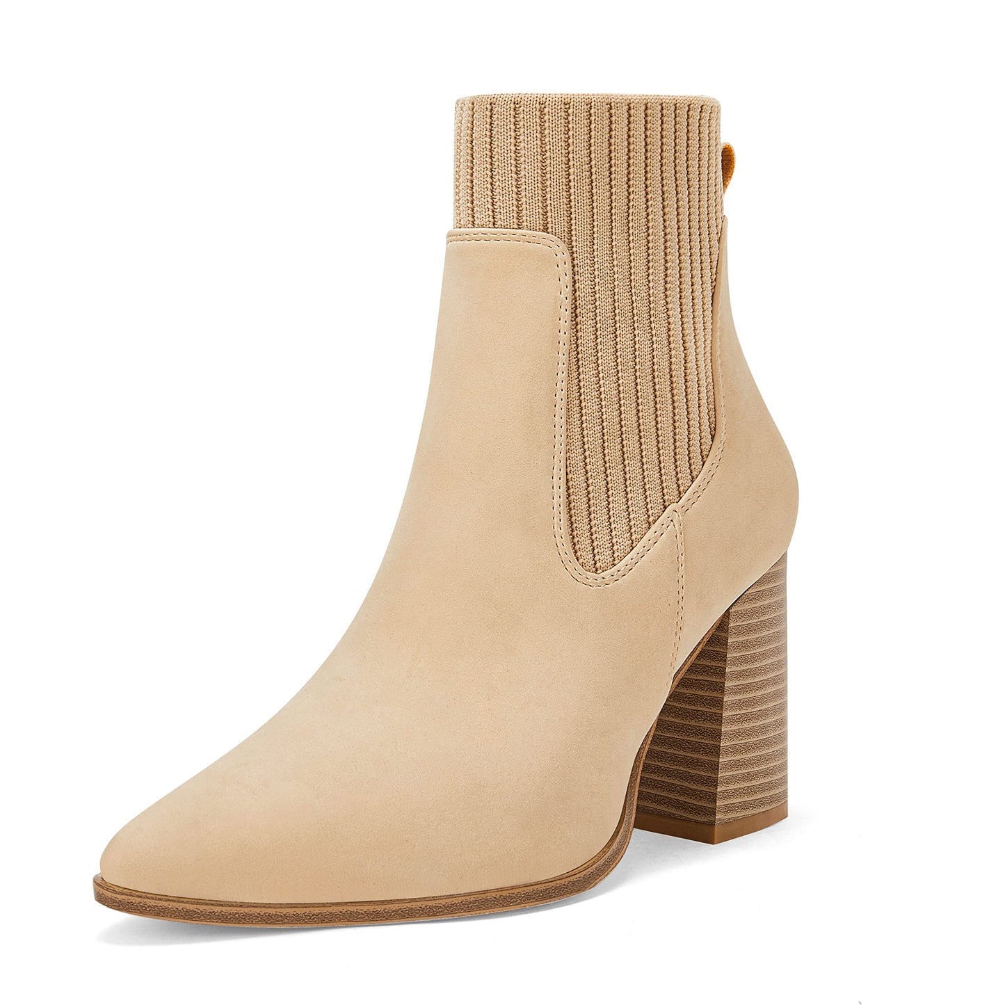Coutgo Women Pointed Toe Ankle Boots Knit Sock Boot Chunky Block Stacked Mid Heel Comfortable Chelsea Booties Shoes