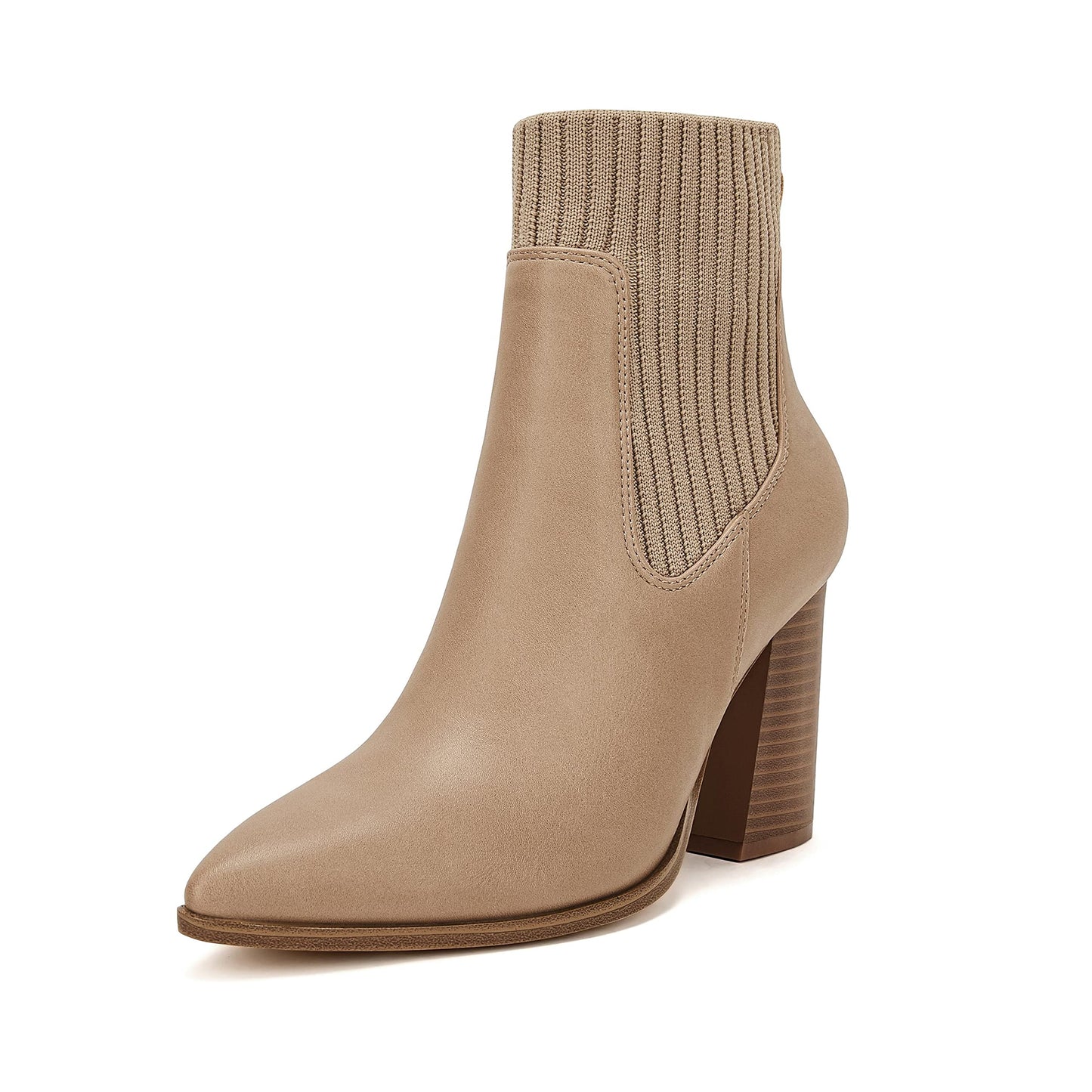 Coutgo Women Pointed Toe Ankle Boots Knit Sock Boot Chunky Block Stacked Mid Heel Comfortable Chelsea Booties Shoes