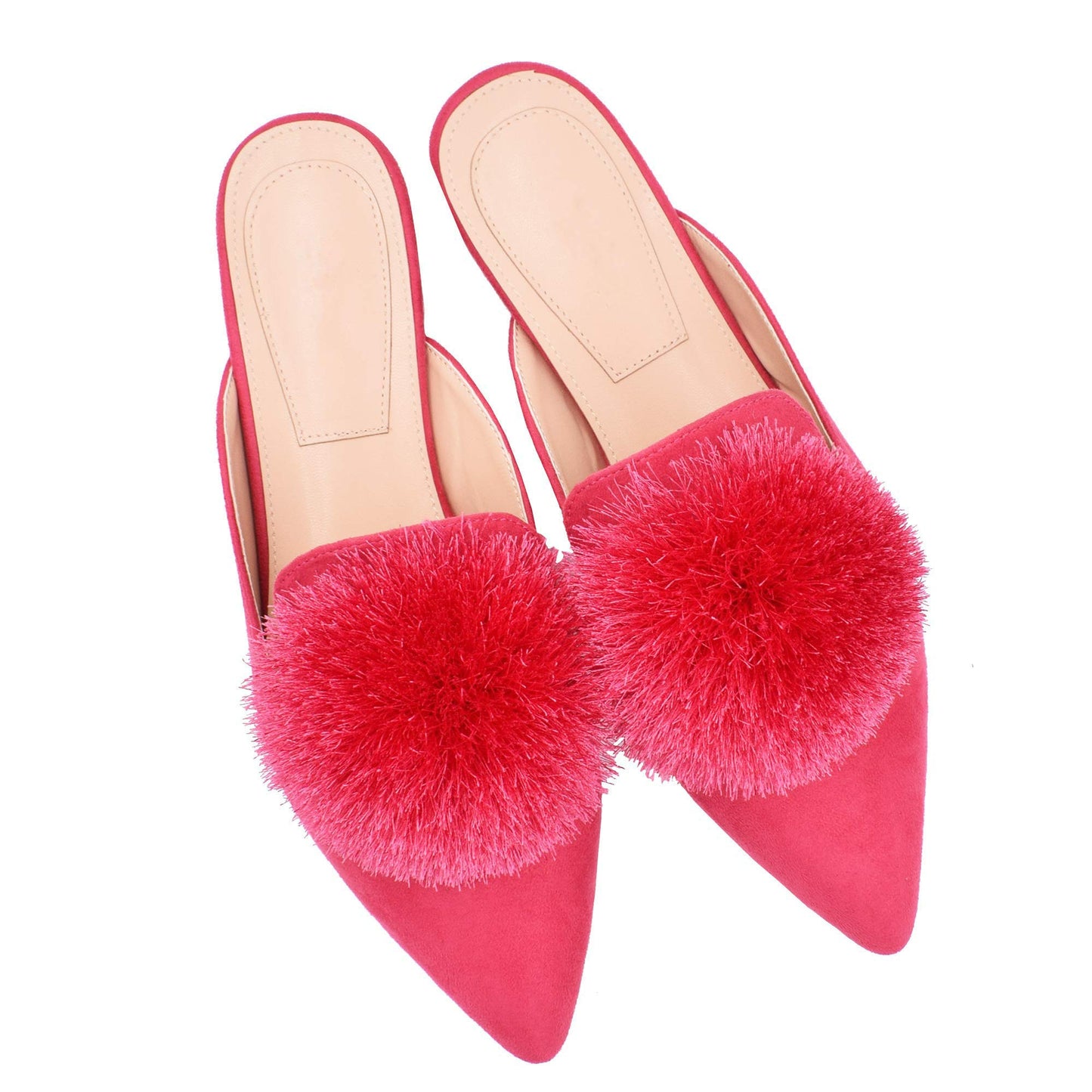 Fericzot Slip On Mule Backless Loafers Flats Puff PomPom Pointed Toe Casual Shoes Slippers