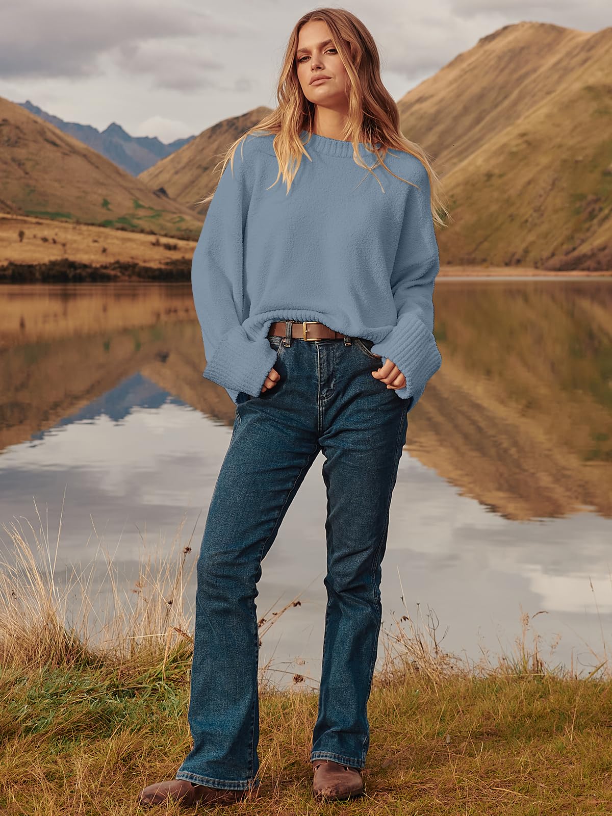 ANRABESS Women's Oversized Crewneck Long Sleeve Fuzzy Knit Casual Chunky Warm 2024 Fall Pullover Sweaters Top Trendy Outfits