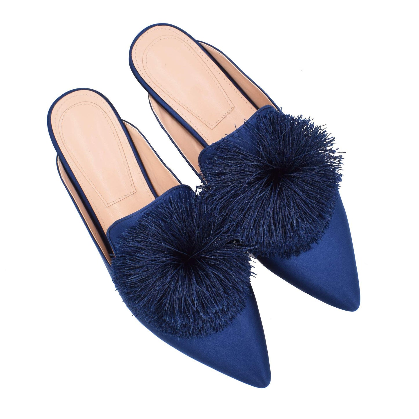 Fericzot Slip On Mule Backless Loafers Flats Puff PomPom Pointed Toe Casual Shoes Slippers