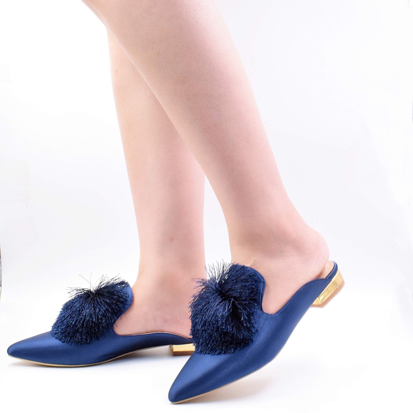 Fericzot Slip On Mule Backless Loafers Flats Puff PomPom Pointed Toe Casual Shoes Slippers