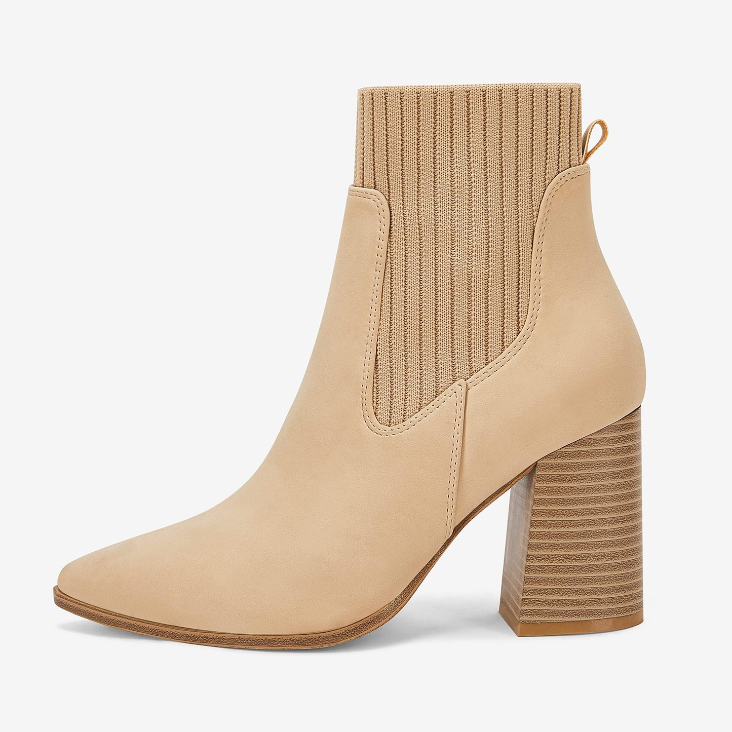 Coutgo Women Pointed Toe Ankle Boots Knit Sock Boot Chunky Block Stacked Mid Heel Comfortable Chelsea Booties Shoes