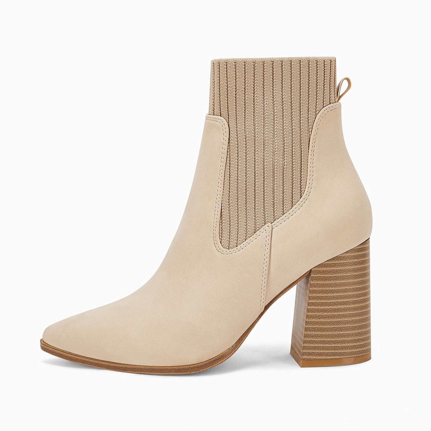 Coutgo Women Pointed Toe Ankle Boots Knit Sock Boot Chunky Block Stacked Mid Heel Comfortable Chelsea Booties Shoes
