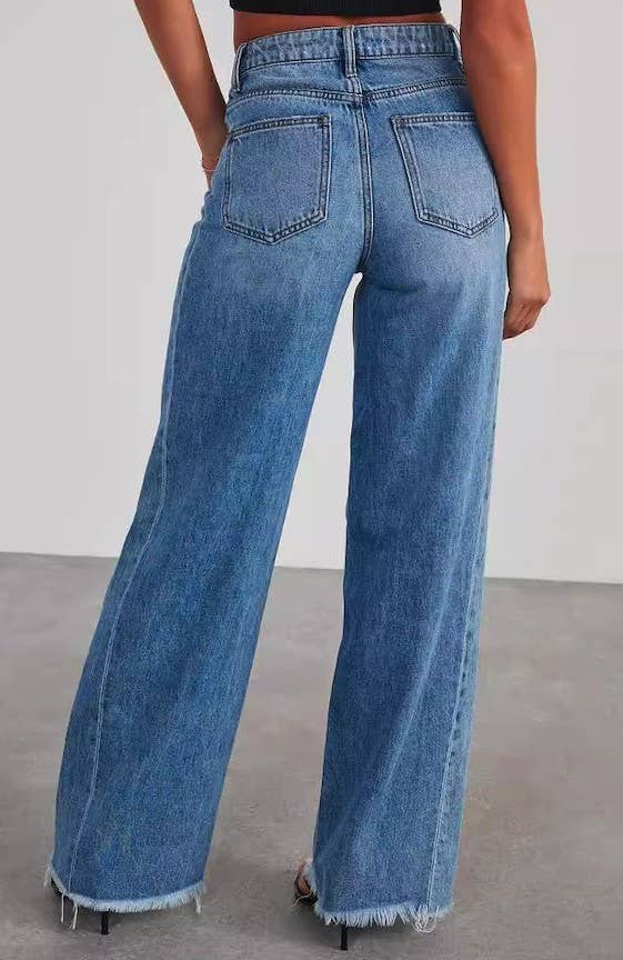Miss Sparkling - High Waisted Denim Wide Leg Jeans: Blue / XL