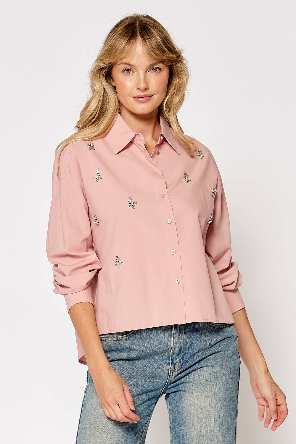 Lalavon - ILT4441 JEWEL FLOWER COLLARED HIGH LOW SHIRT