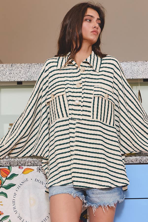 BUCKETLIST - T1578-5 Collared Oversized Button Up Stripe Pullover Top