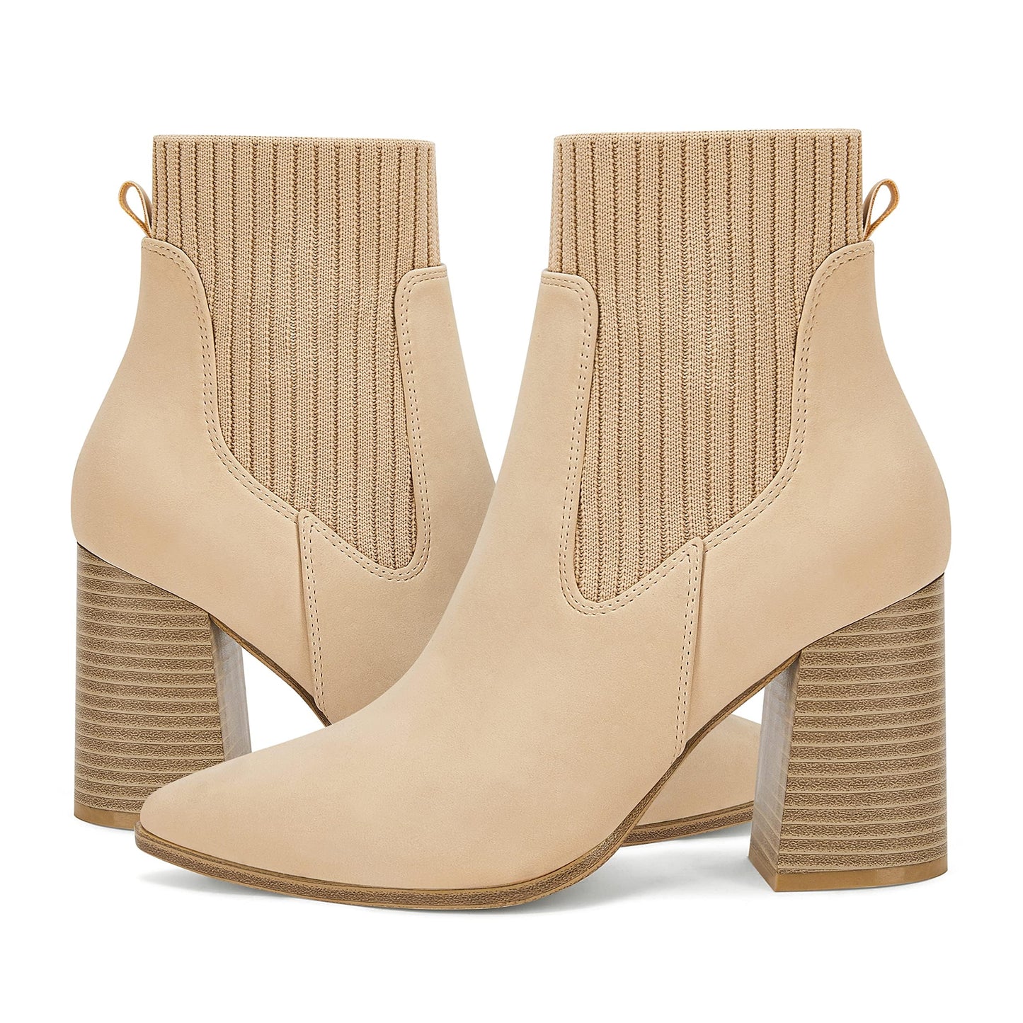 Coutgo Women Pointed Toe Ankle Boots Knit Sock Boot Chunky Block Stacked Mid Heel Comfortable Chelsea Booties Shoes
