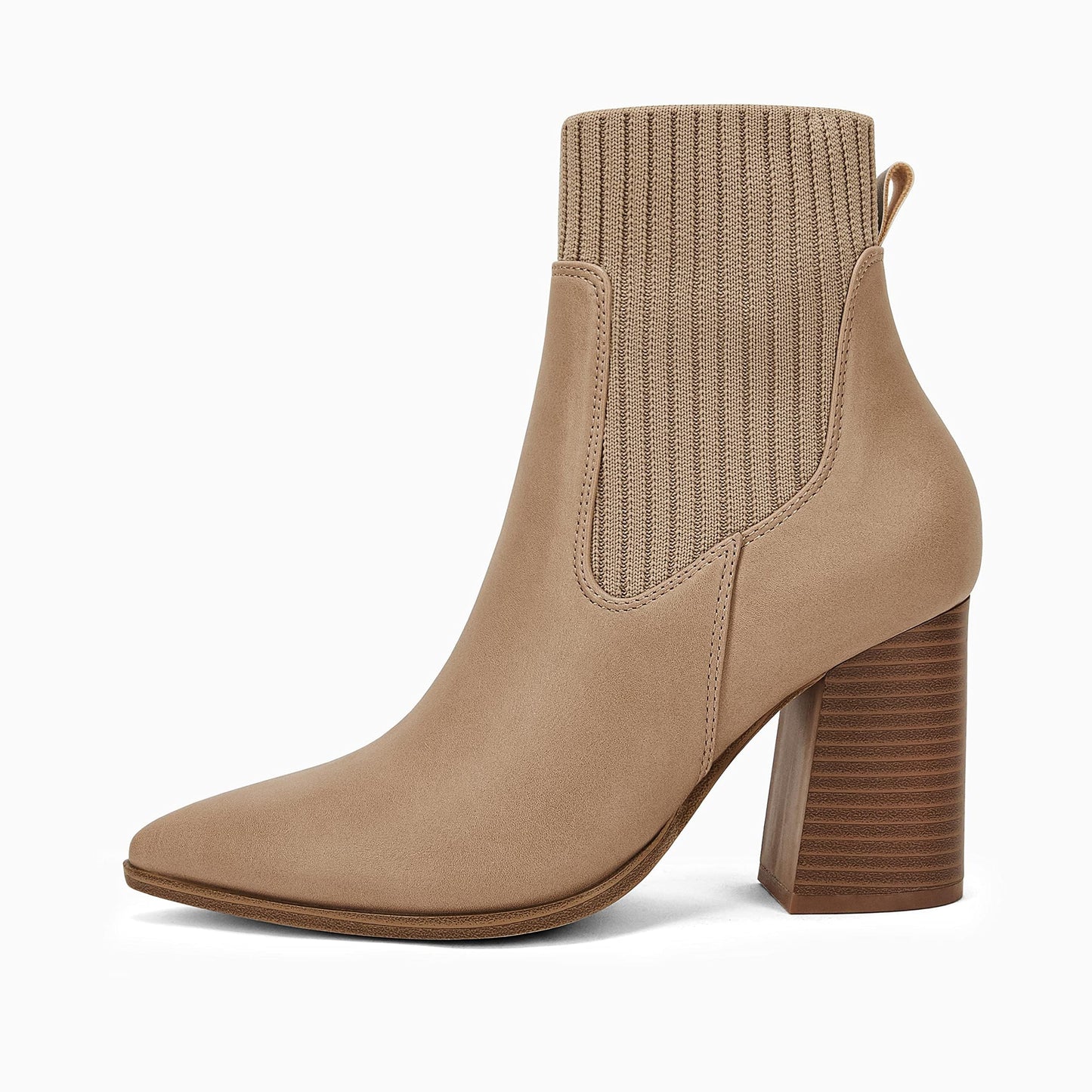 Coutgo Women Pointed Toe Ankle Boots Knit Sock Boot Chunky Block Stacked Mid Heel Comfortable Chelsea Booties Shoes