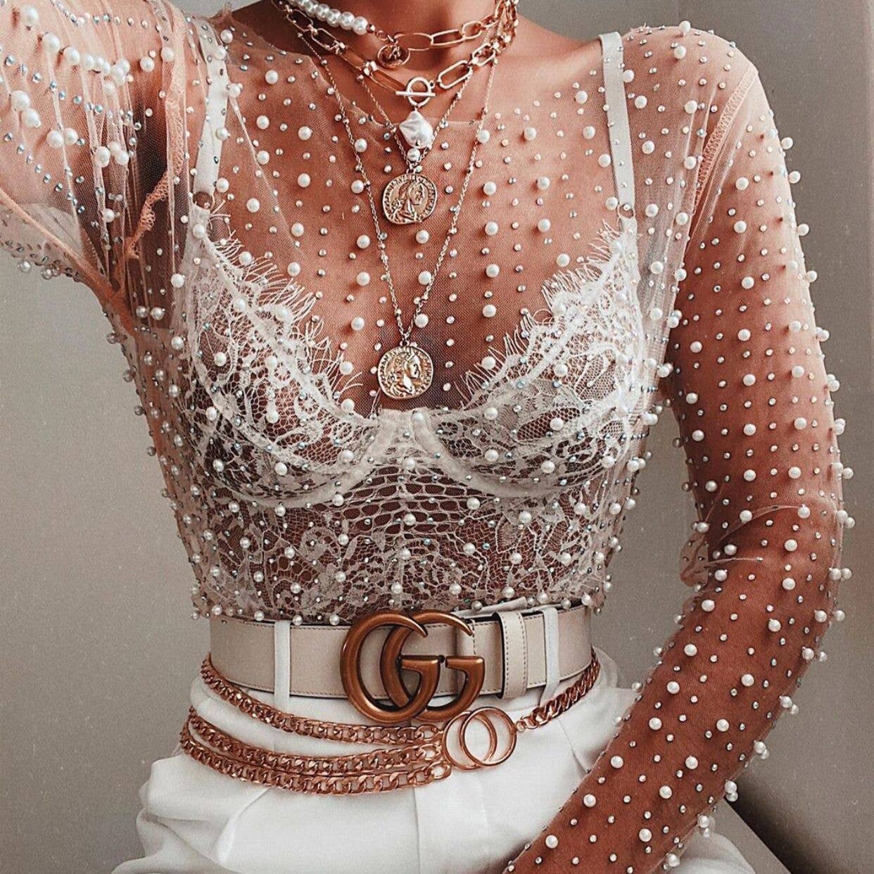HIDDENBRAND - Pearl rhinestone studded sheer mesh see through tee top: Nude / L