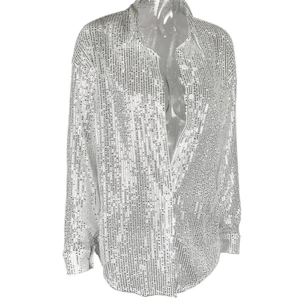 Rosa Clothing - Sequins Stylish Casual Roll-Neck Shirt: Black / L
