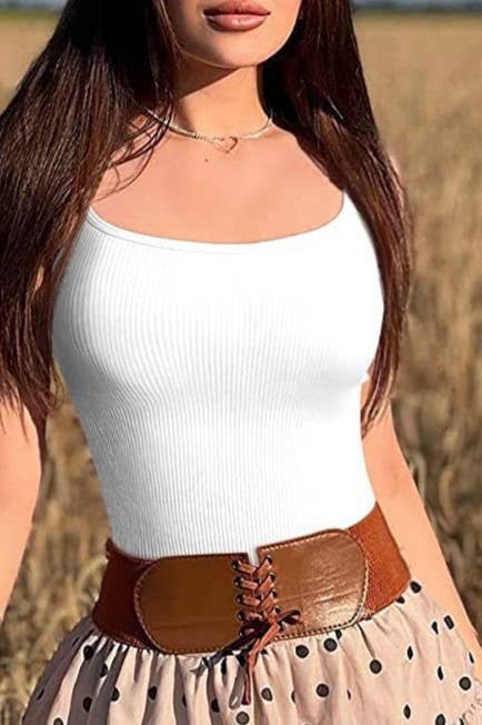 HIDDENBRAND - Basic knit white camisole bodysuit: Apricot / M