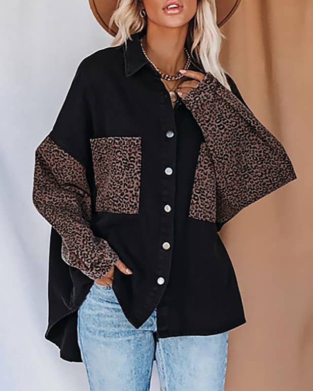HIDDENBRAND - Pocket Leopard Print Roll-Neck Shirt: Sky Blue / S
