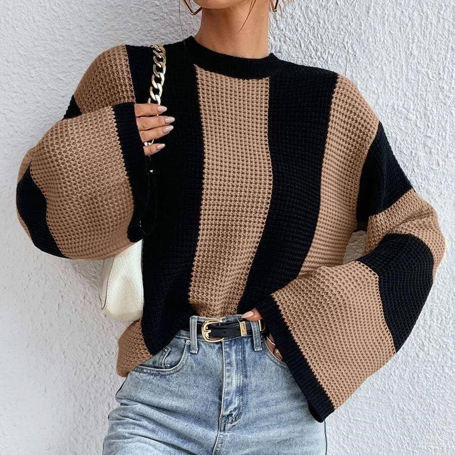 HIDDENBRAND - Crewneck Striped Niche Sweater: Apricot / L