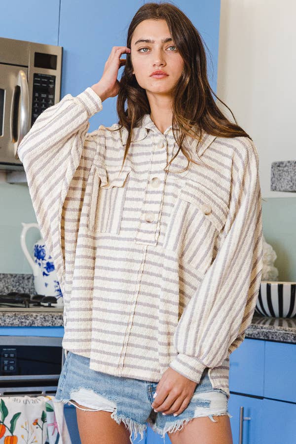 BUCKETLIST - T1578-5 Collared Oversized Button Up Stripe Pullover Top