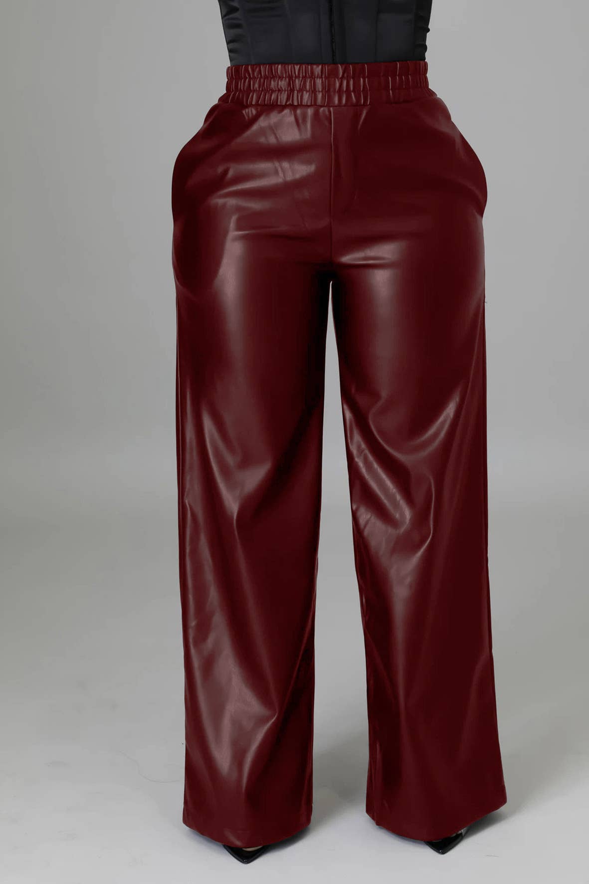 HIDDENBRAND - Elastic waist leather wide leg pant with pocket: Burgundy / S