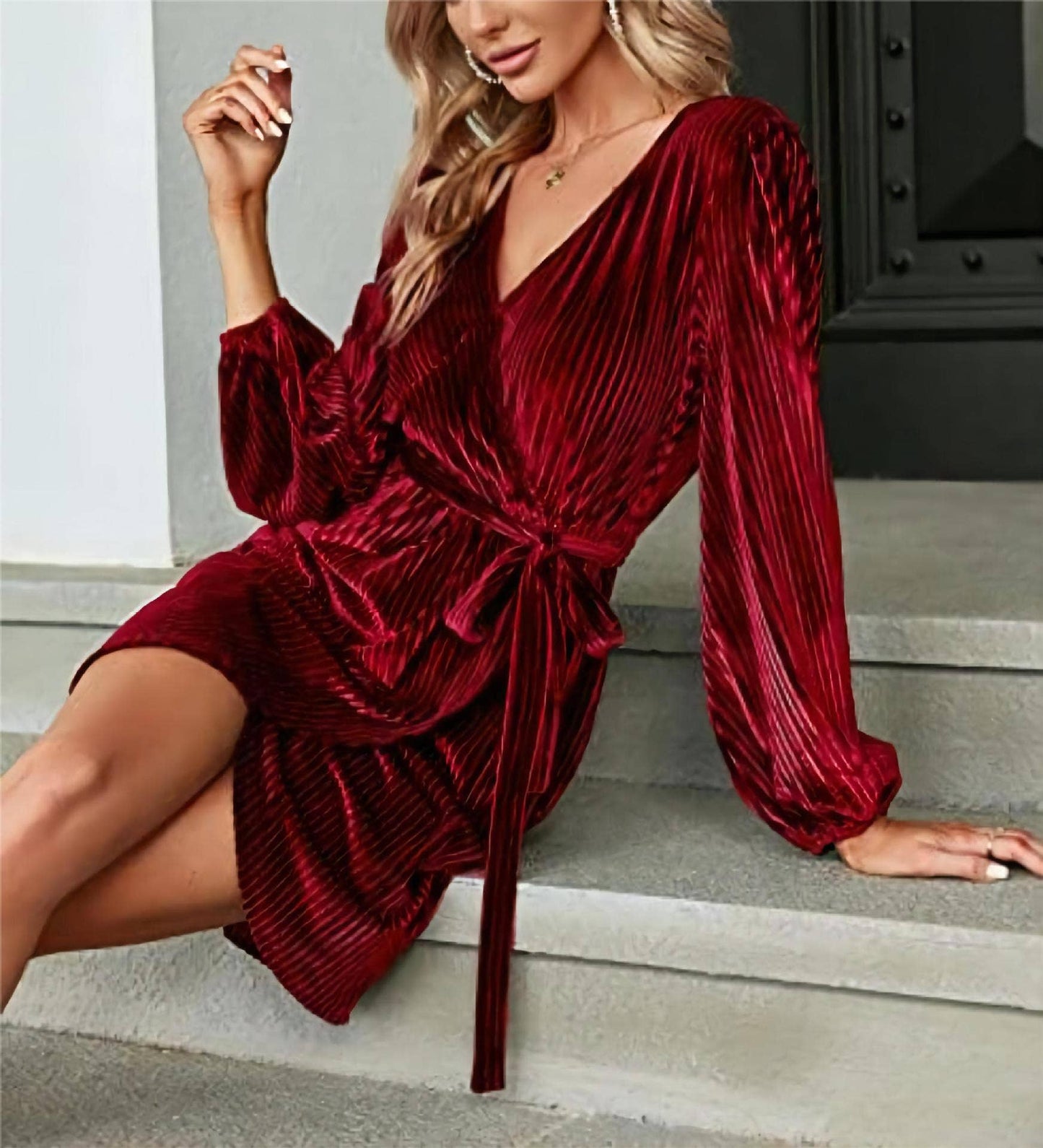 HIDDENBRAND - Velvet long sleeve majesty holiday party wrap midi dress: Burgundy / XL
