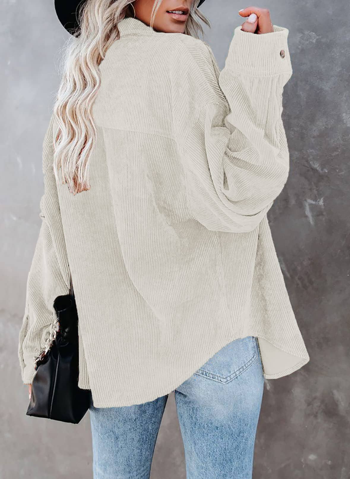 Rosa Clothing - Corduroy Oversized Solid Shacket: Off-White / L