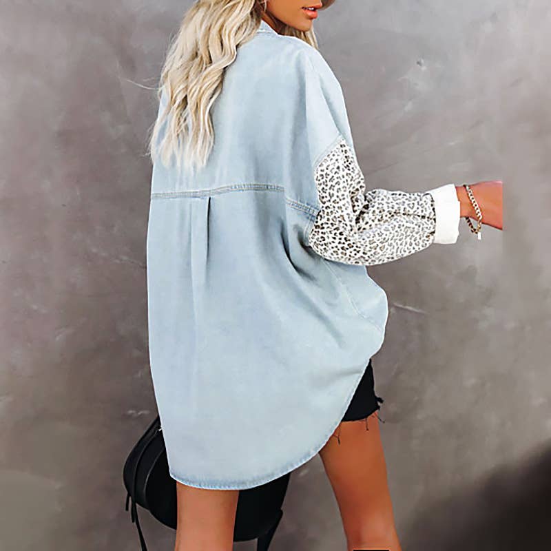 HIDDENBRAND - Pocket Leopard Print Roll-Neck Shirt: Sky Blue / S
