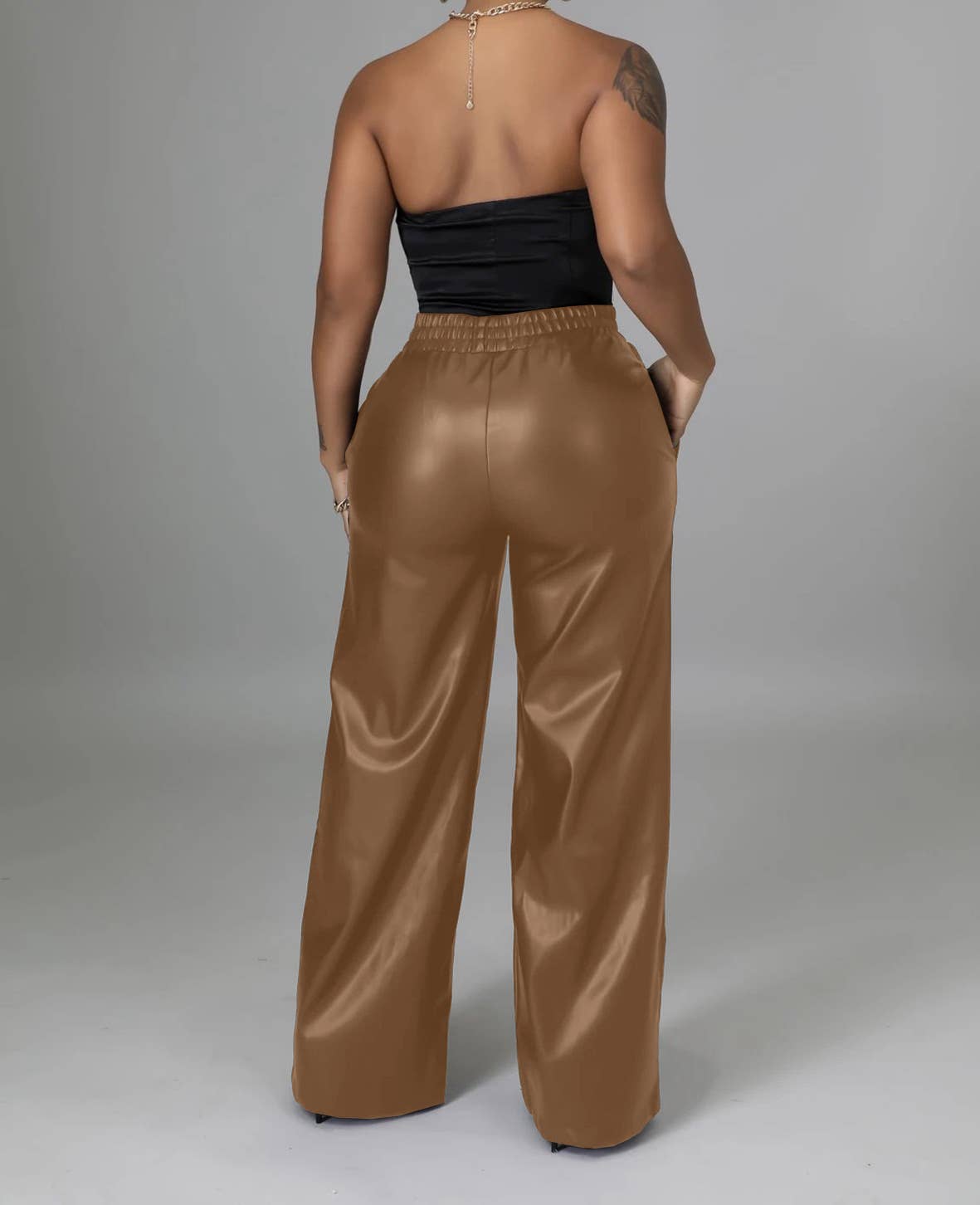HIDDENBRAND - Elastic waist leather wide leg pant with pocket: Burgundy / S