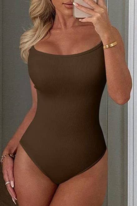 HIDDENBRAND - Basic knit white camisole bodysuit: Coffee / S
