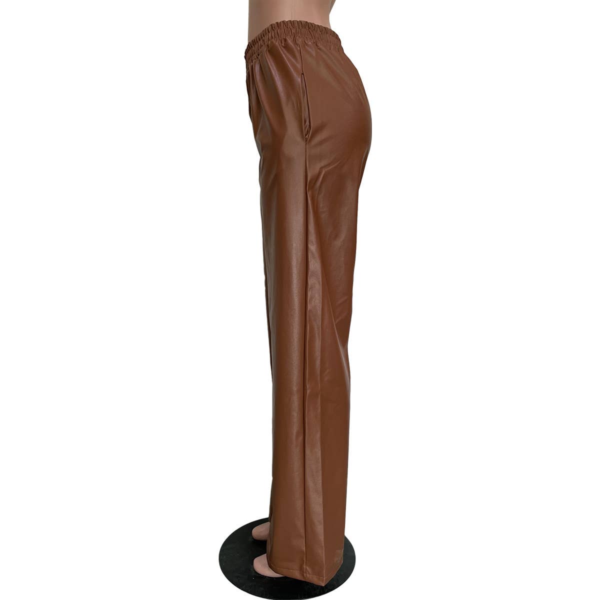 HIDDENBRAND - Elastic waist leather wide leg pant with pocket: Burgundy / S