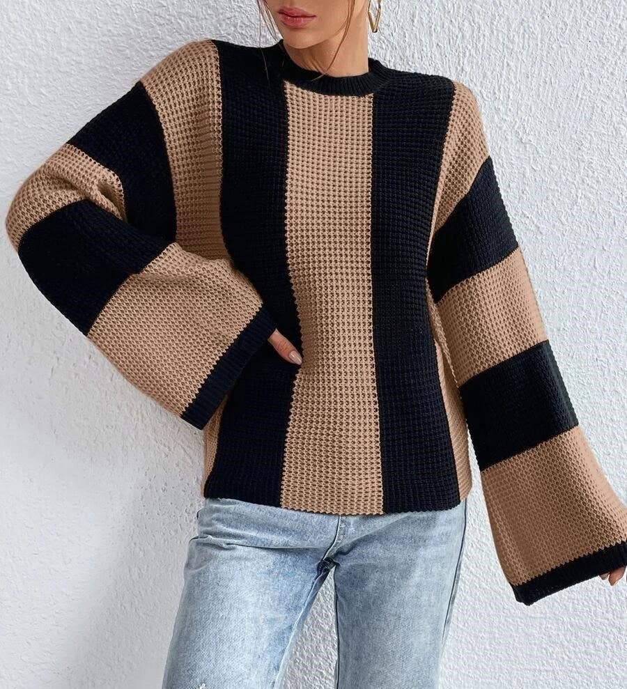 HIDDENBRAND - Crewneck Striped Niche Sweater: Apricot / L