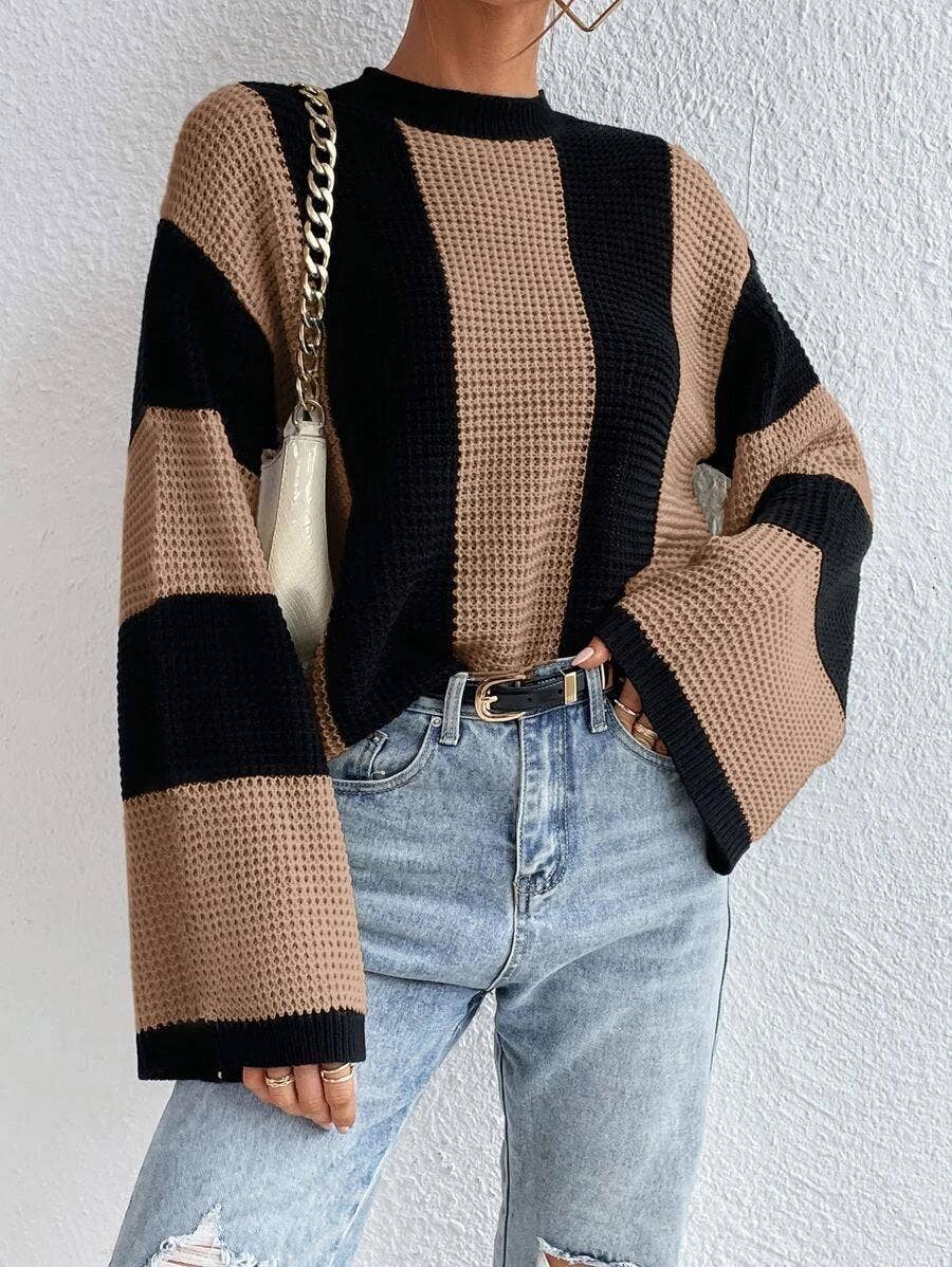 HIDDENBRAND - Crewneck Striped Niche Sweater: Apricot / L