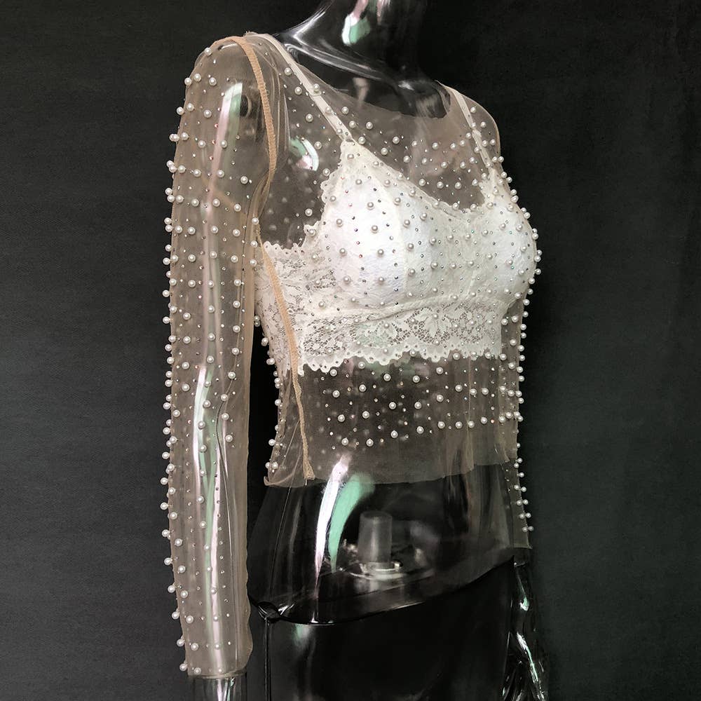 HIDDENBRAND - Pearl rhinestone studded sheer mesh see through tee top: Nude / L