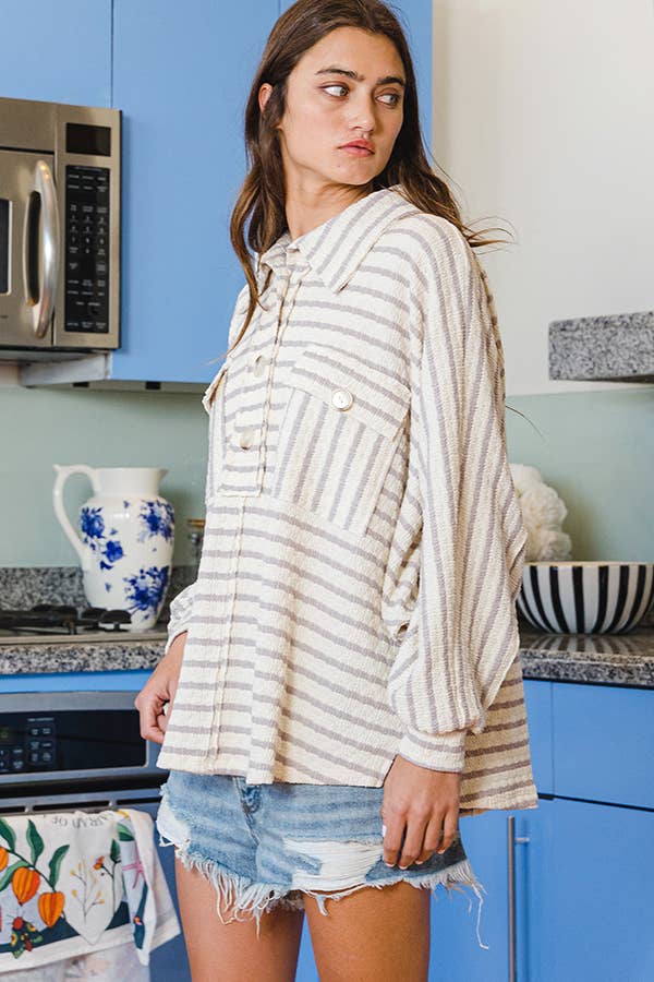 BUCKETLIST - T1578-5 Collared Oversized Button Up Stripe Pullover Top