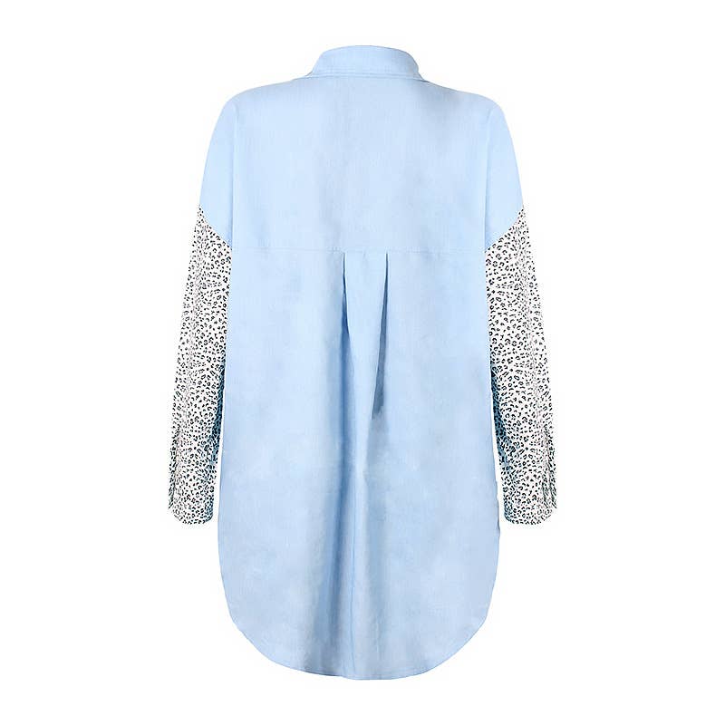 HIDDENBRAND - Pocket Leopard Print Roll-Neck Shirt: Sky Blue / S