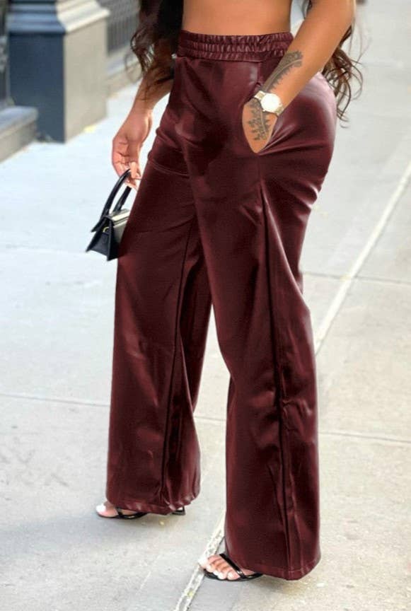 HIDDENBRAND - Elastic waist leather wide leg pant with pocket: Burgundy / S